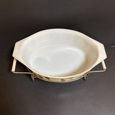 LOT 103: Pyrex Collection: Hamilton Beach White Mixing Bowl, Golden Hearts Casserole w/Warming Cradle, Early American Casserole Dish...