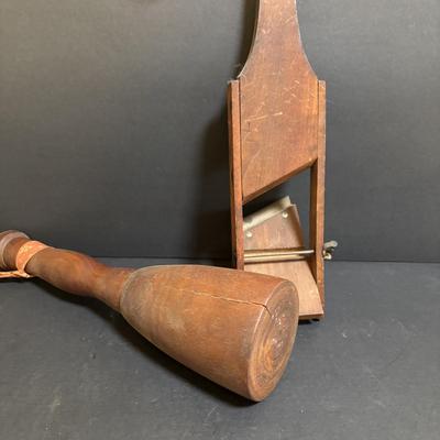 LOT 108: Antique Primitive Wooden Kitchen Tool: Shredder/Slicers, Rolling Pin, Juicer