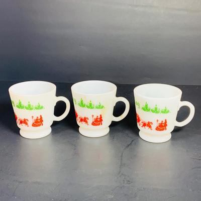 LOT 111: Vintage Holiday Decorated Milk Glass Egg Nog Serving Bowl and Set of Eight (8) Matching Mugs