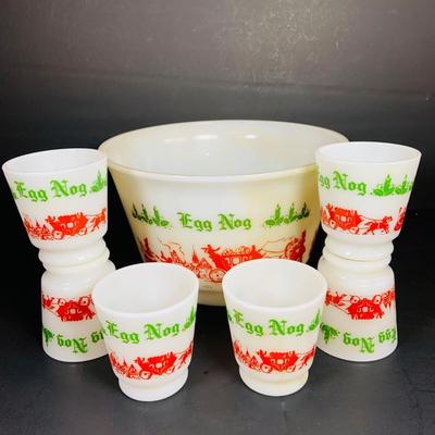 LOT 111: Vintage Holiday Decorated Milk Glass Egg Nog Serving Bowl and Set of Eight (8) Matching Mugs