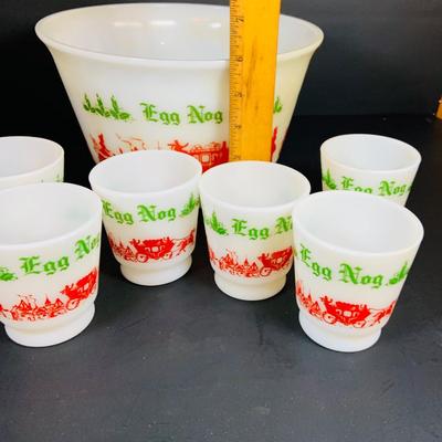 LOT 111: Vintage Holiday Decorated Milk Glass Egg Nog Serving Bowl and Set of Eight (8) Matching Mugs