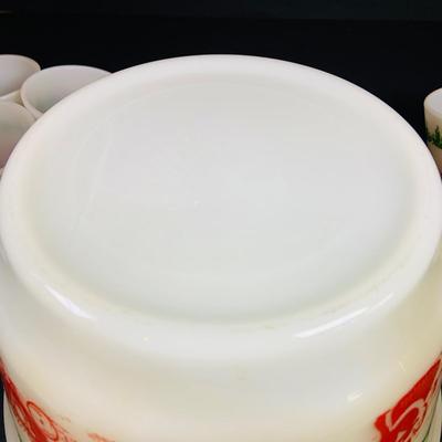 LOT 111: Vintage Holiday Decorated Milk Glass Egg Nog Serving Bowl and Set of Eight (8) Matching Mugs