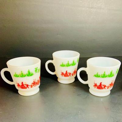 LOT 111: Vintage Holiday Decorated Milk Glass Egg Nog Serving Bowl and Set of Eight (8) Matching Mugs