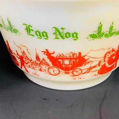 LOT 111: Vintage Holiday Decorated Milk Glass Egg Nog Serving Bowl and Set of Eight (8) Matching Mugs