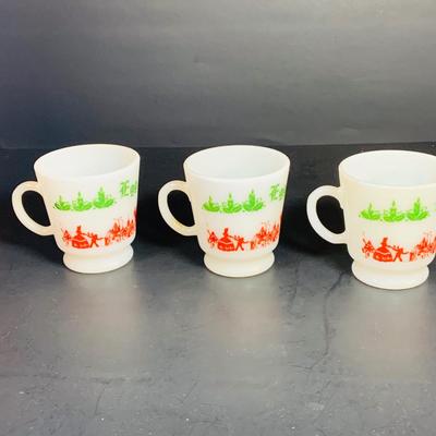 LOT 111: Vintage Holiday Decorated Milk Glass Egg Nog Serving Bowl and Set of Eight (8) Matching Mugs