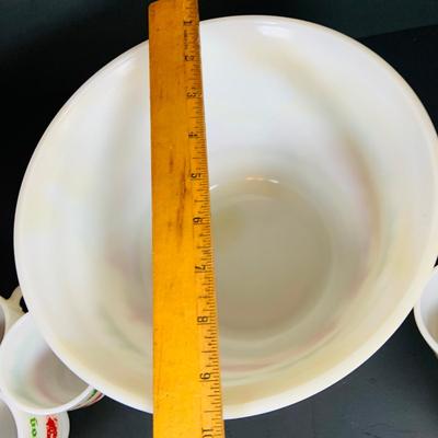 LOT 111: Vintage Holiday Decorated Milk Glass Egg Nog Serving Bowl and Set of Eight (8) Matching Mugs