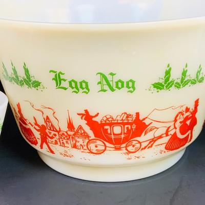 LOT 111: Vintage Holiday Decorated Milk Glass Egg Nog Serving Bowl and Set of Eight (8) Matching Mugs