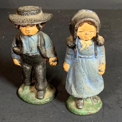 LOT 112: Collection of Cast Iron Amish Figurines and Salt and Pepper Shakers, and Vintage Pencil Sharpeners