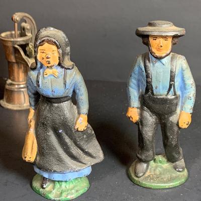 LOT 112: Collection of Cast Iron Amish Figurines and Salt and Pepper Shakers, and Vintage Pencil Sharpeners