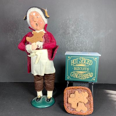 LOT 114: Set of 3 Byers' Choice Carolers - Two (2) Children From 1982 with Signed Bases and a Ginger Bread Seller and Stand from 1996