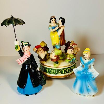 LOT120: Disney Porcelain Figurines and Music Box. Vintage Schmid Snow White and Friends Music Box, Mary Poppens and Cinderella Figurines