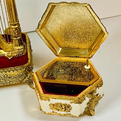 LOT125: Westland Golden Woman Playing Harp Music Box, Reuge Limoges Music Box with Swiss Musical Movment and One More Victorian Style...