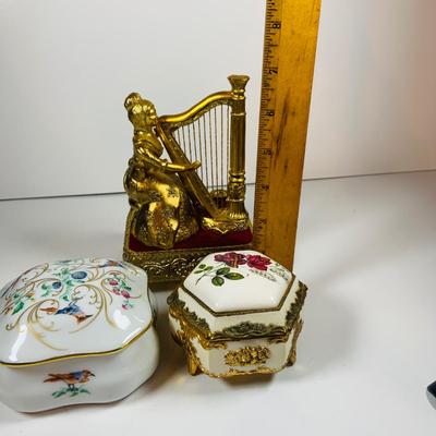 LOT125: Westland Golden Woman Playing Harp Music Box, Reuge Limoges Music Box with Swiss Musical Movment and One More Victorian Style...