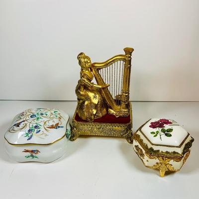 LOT125: Westland Golden Woman Playing Harp Music Box, Reuge Limoges Music Box with Swiss Musical Movment and One More Victorian Style...