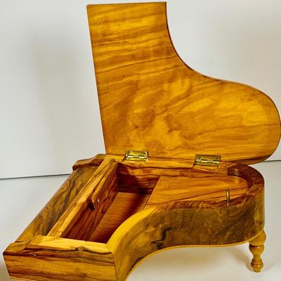 LOT 126: Collection of Wooden Music Boxes Including a Grand Piano Shaped Box, a Floral Inlay Box by Reuge and Lasercraft Carved Music Box