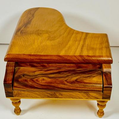 LOT 126: Collection of Wooden Music Boxes Including a Grand Piano Shaped Box, a Floral Inlay Box by Reuge and Lasercraft Carved Music Box