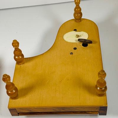 LOT 126: Collection of Wooden Music Boxes Including a Grand Piano Shaped Box, a Floral Inlay Box by Reuge and Lasercraft Carved Music Box