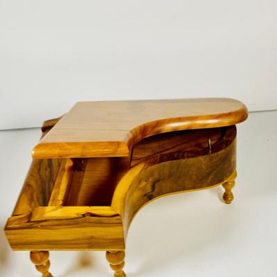 LOT 126: Collection of Wooden Music Boxes Including a Grand Piano Shaped Box, a Floral Inlay Box by Reuge and Lasercraft Carved Music Box