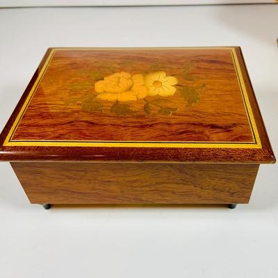 LOT 126: Collection of Wooden Music Boxes Including a Grand Piano Shaped Box, a Floral Inlay Box by Reuge and Lasercraft Carved Music Box