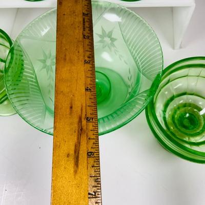 LOT129: Vintage Green Uranium Glass Footed Custard Cups and Footed Etched Candy Dish