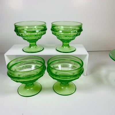 LOT129: Vintage Green Uranium Glass Footed Custard Cups and Footed Etched Candy Dish