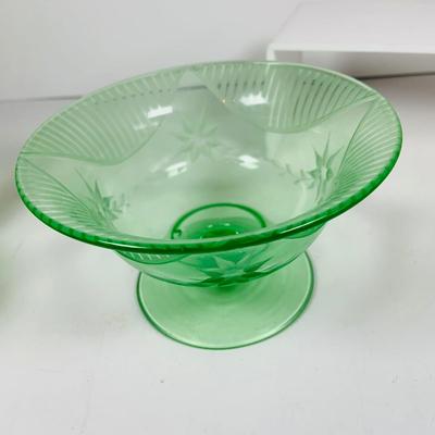LOT129: Vintage Green Uranium Glass Footed Custard Cups and Footed Etched Candy Dish