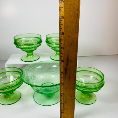 LOT129: Vintage Green Uranium Glass Footed Custard Cups and Footed Etched Candy Dish