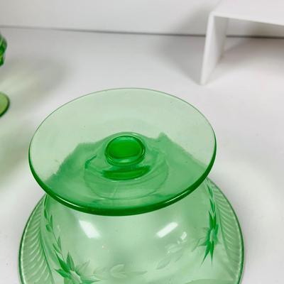 LOT129: Vintage Green Uranium Glass Footed Custard Cups and Footed Etched Candy Dish