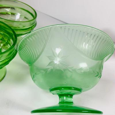 LOT129: Vintage Green Uranium Glass Footed Custard Cups and Footed Etched Candy Dish