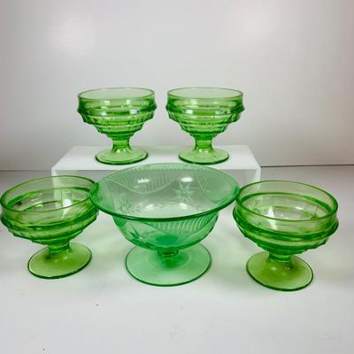 LOT129: Vintage Green Uranium Glass Footed Custard Cups and Footed Etched Candy Dish