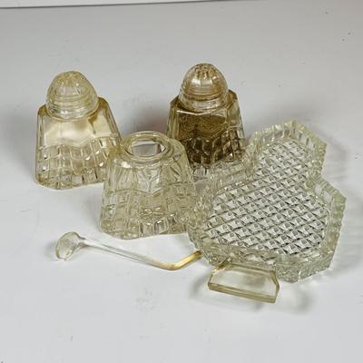 LOT 130:Vintage/Antique Clear Glass Collection- Pressed Glass McKinley Plate, Pitcher & Ice Cream Glass with Silver Overlay. Etched...