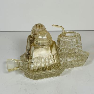 LOT 130:Vintage/Antique Clear Glass Collection- Pressed Glass McKinley Plate, Pitcher & Ice Cream Glass with Silver Overlay. Etched...