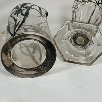 LOT 130:Vintage/Antique Clear Glass Collection- Pressed Glass McKinley Plate, Pitcher & Ice Cream Glass with Silver Overlay. Etched...