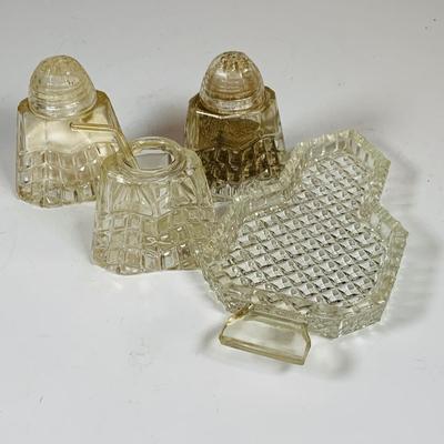 LOT 130:Vintage/Antique Clear Glass Collection- Pressed Glass McKinley Plate, Pitcher & Ice Cream Glass with Silver Overlay. Etched...