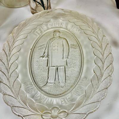 LOT 130:Vintage/Antique Clear Glass Collection- Pressed Glass McKinley Plate, Pitcher & Ice Cream Glass with Silver Overlay. Etched...