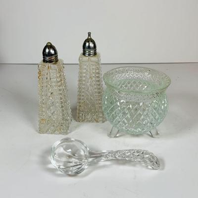 LOT 130:Vintage/Antique Clear Glass Collection- Pressed Glass McKinley Plate, Pitcher & Ice Cream Glass with Silver Overlay. Etched...