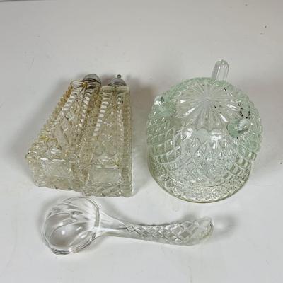 LOT 130:Vintage/Antique Clear Glass Collection- Pressed Glass McKinley Plate, Pitcher & Ice Cream Glass with Silver Overlay. Etched...