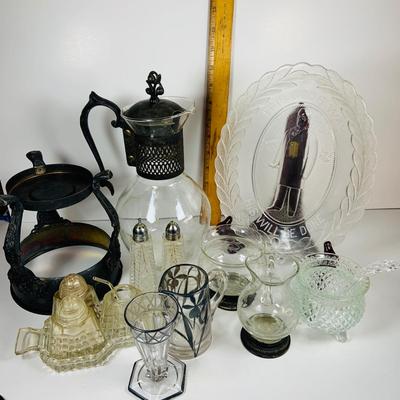 LOT 130:Vintage/Antique Clear Glass Collection- Pressed Glass McKinley Plate, Pitcher & Ice Cream Glass with Silver Overlay. Etched...