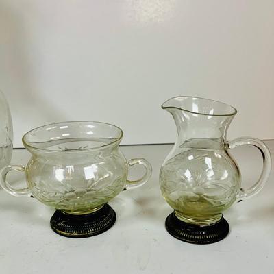 LOT 130:Vintage/Antique Clear Glass Collection- Pressed Glass McKinley Plate, Pitcher & Ice Cream Glass with Silver Overlay. Etched...