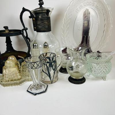 LOT 130:Vintage/Antique Clear Glass Collection- Pressed Glass McKinley Plate, Pitcher & Ice Cream Glass with Silver Overlay. Etched...