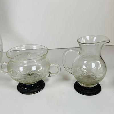 LOT 130:Vintage/Antique Clear Glass Collection- Pressed Glass McKinley Plate, Pitcher & Ice Cream Glass with Silver Overlay. Etched...