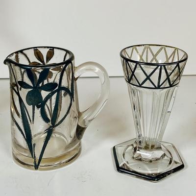 LOT 130:Vintage/Antique Clear Glass Collection- Pressed Glass McKinley Plate, Pitcher & Ice Cream Glass with Silver Overlay. Etched...