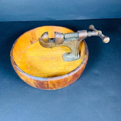 LOT 131: Vintage and Unusual Kitchen Gadgets; Planter’s Peanuts Serving Bowls and a Perfection Nutcracker and Wooden Bowl