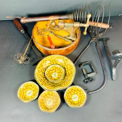 LOT 131: Vintage and Unusual Kitchen Gadgets; Planter’s Peanuts Serving Bowls and a Perfection Nutcracker and Wooden Bowl