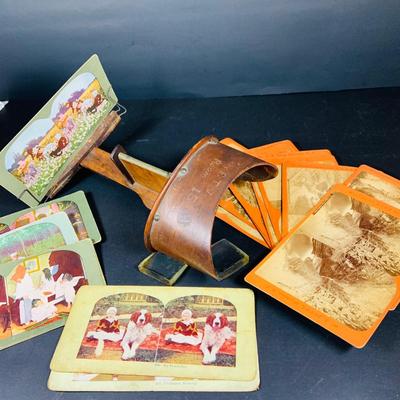LOT 132: Antique Wood Stereoscope with Steroview Picture Cards of Victorian Christmas and More and Stereoview Scentic Pictures from...