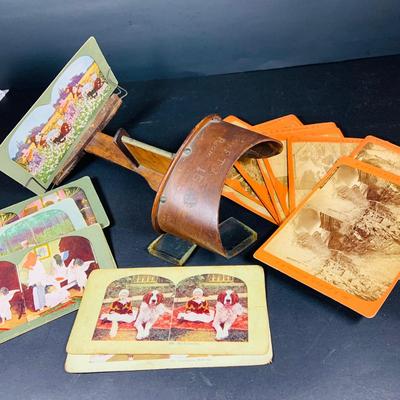 LOT 132: Antique Wood Stereoscope with Steroview Picture Cards of Victorian Christmas and More and Stereoview Scentic Pictures from...