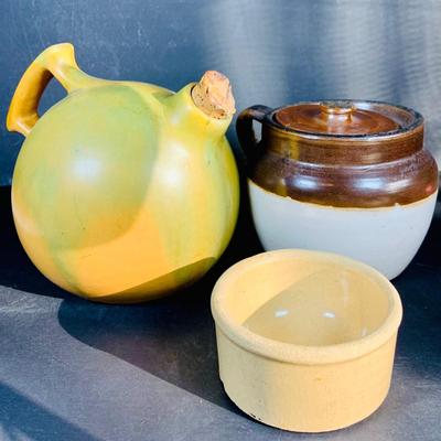 LOT 135: Vintage Small Roseville Crock #346, Art Deco Ceramic Jug with Cork and Stoneware Bean Pot with Lid