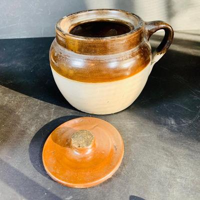 LOT 135: Vintage Small Roseville Crock #346, Art Deco Ceramic Jug with Cork and Stoneware Bean Pot with Lid