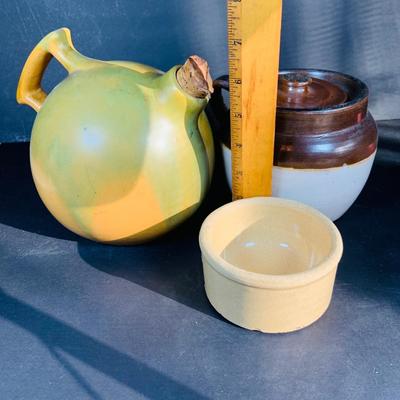 LOT 135: Vintage Small Roseville Crock #346, Art Deco Ceramic Jug with Cork and Stoneware Bean Pot with Lid