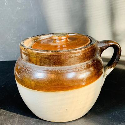 LOT 135: Vintage Small Roseville Crock #346, Art Deco Ceramic Jug with Cork and Stoneware Bean Pot with Lid